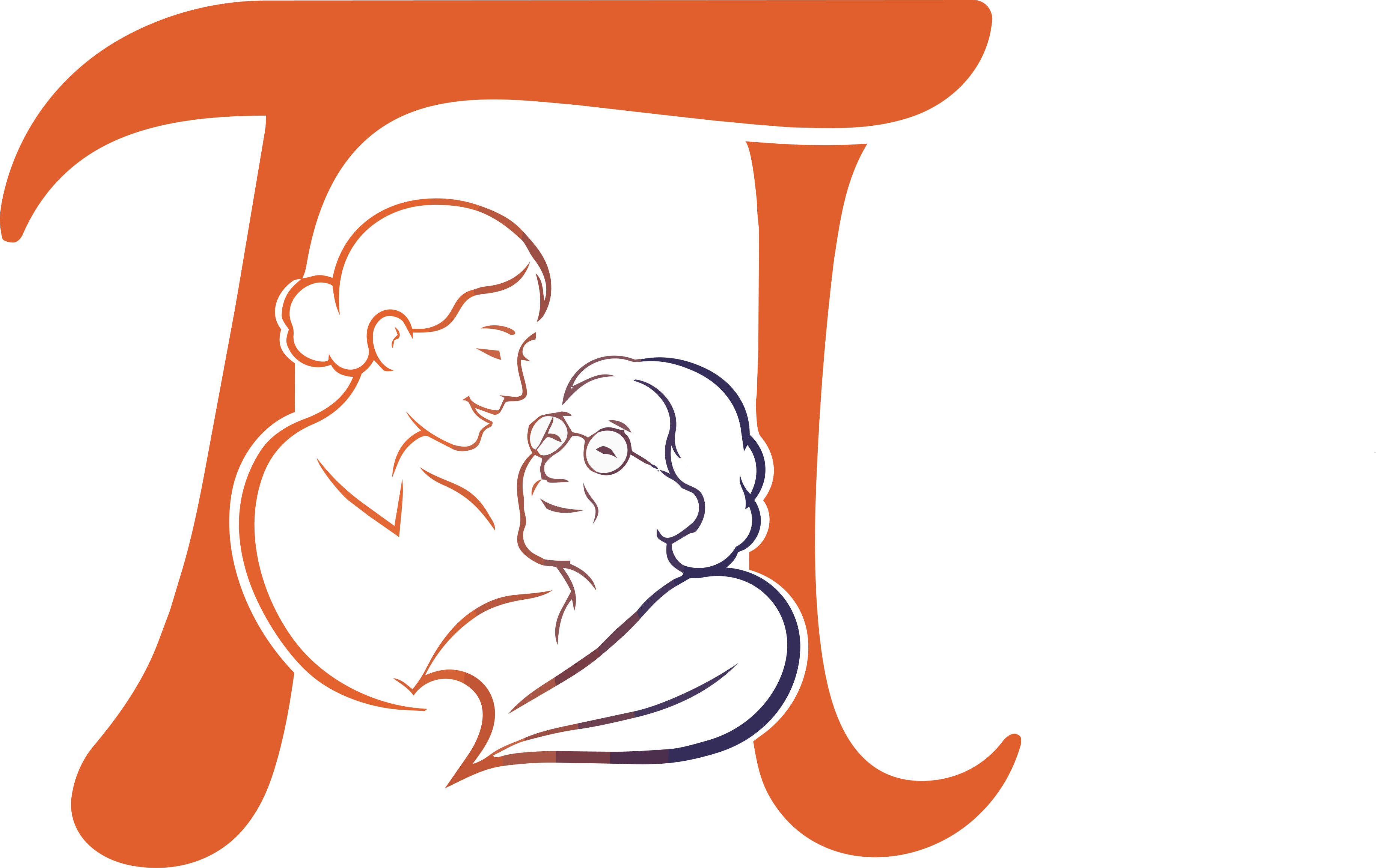 Illustration of a caregiver embracing a senior, framed within a stylised Pi mark