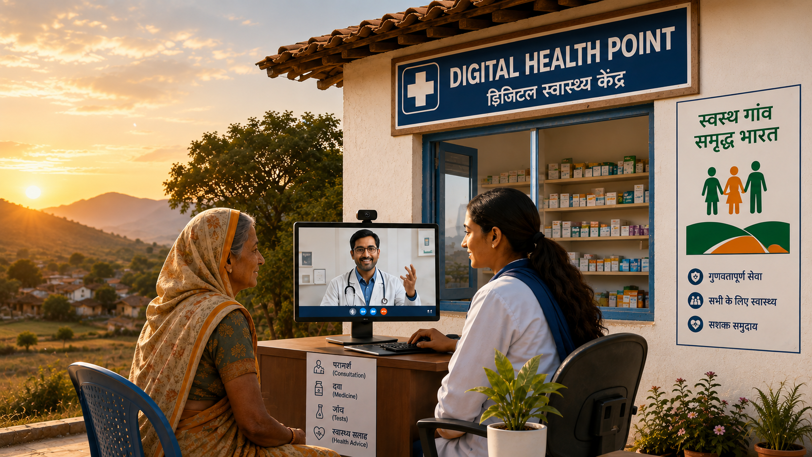 Rural India health worker facilitating a video consultation with a doctor at a village Digital Health Point