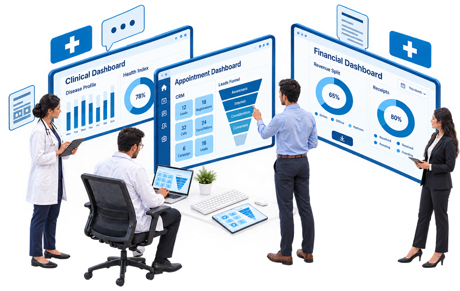 NanoHealth hospital management dashboard showing EMR and patient workflow interface
