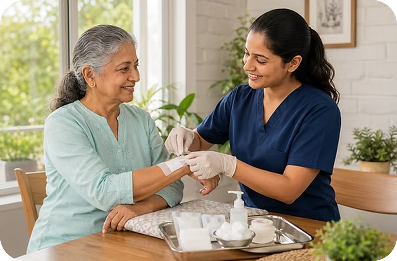 A caregiver reviewing a care plan with a senior woman and her daughter
