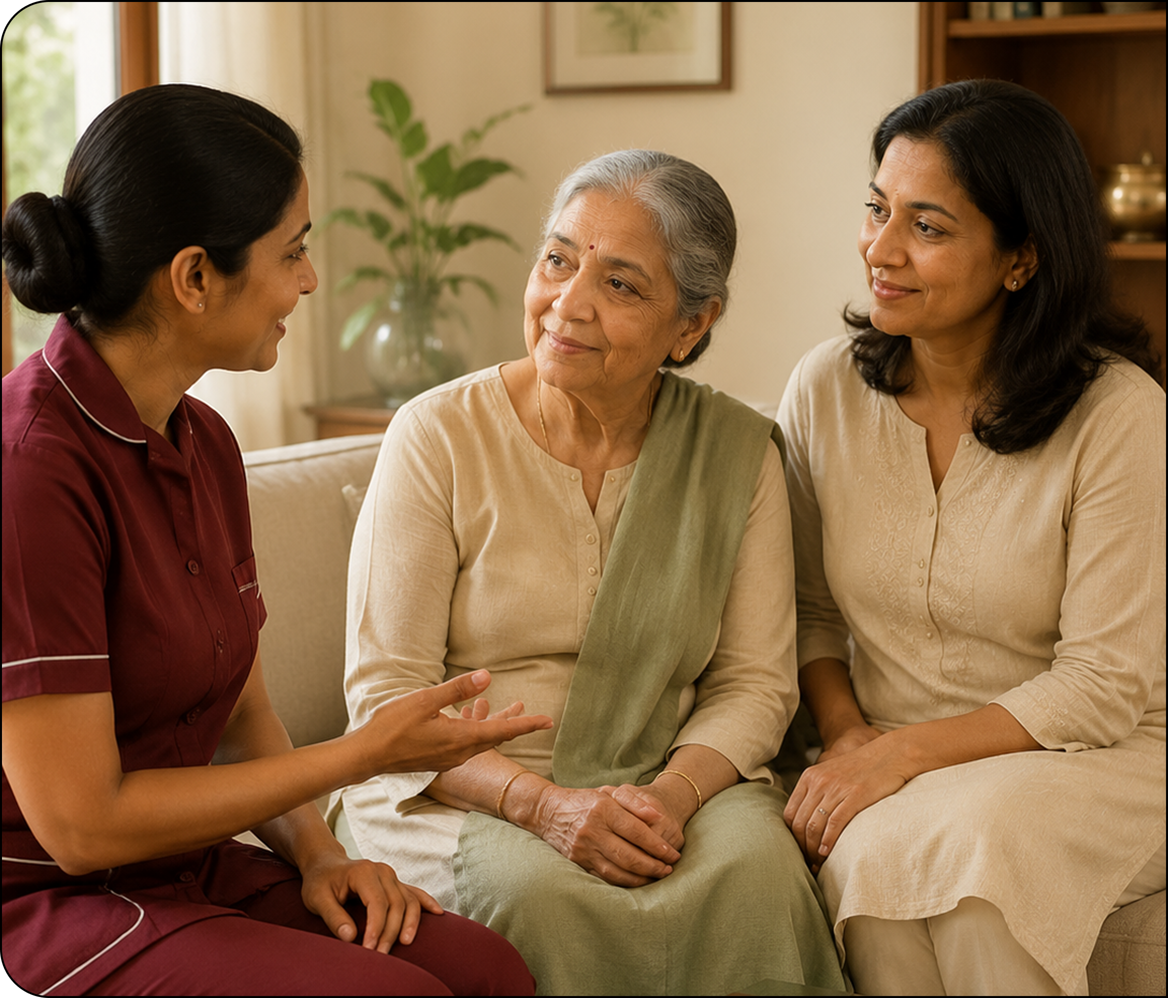 A caretaker talking with a senior woman and her daughter at home