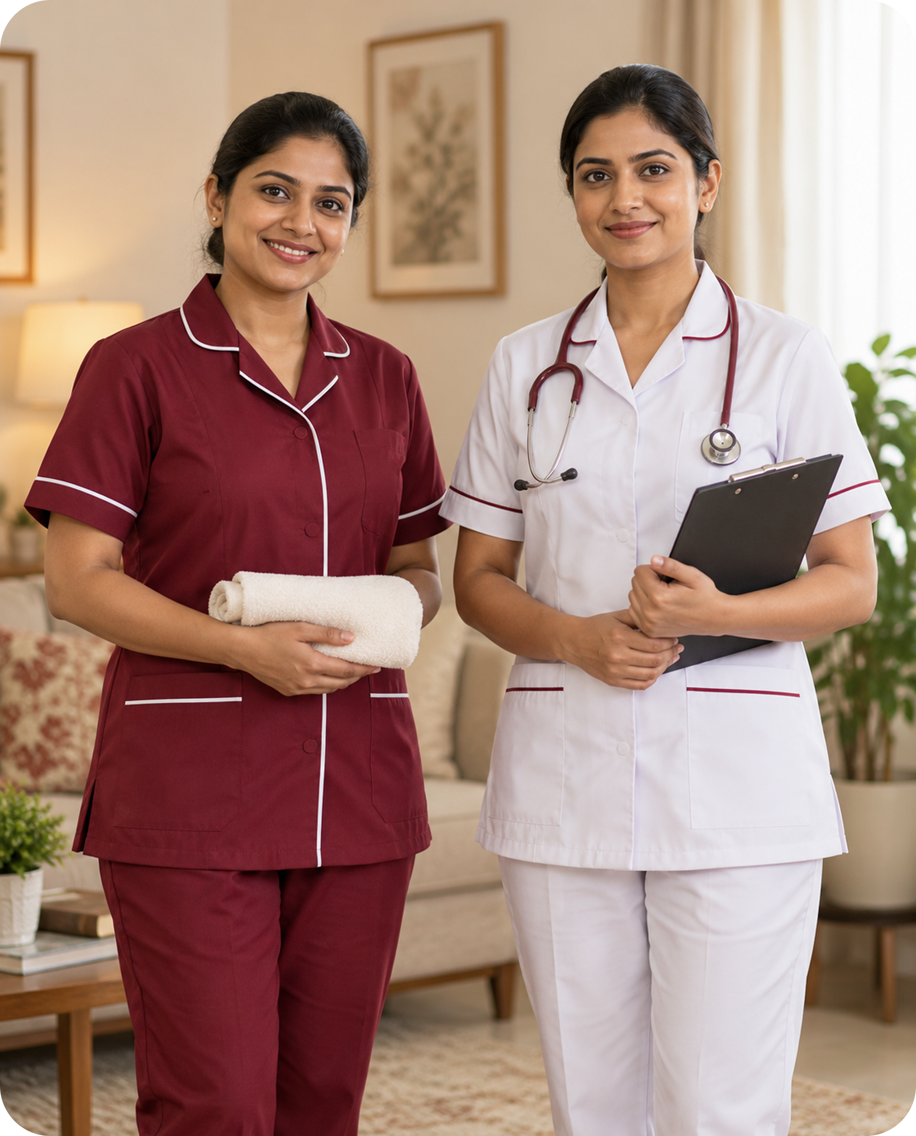 A caretaker in maroon and a nurse in white standing together at a home