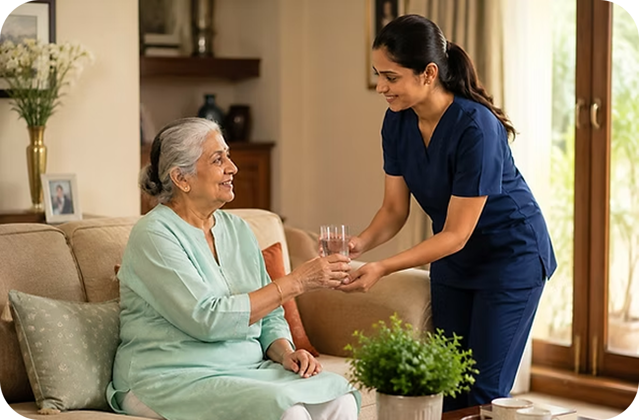 A Pi Elder Care caregiver smiling with a senior woman at home