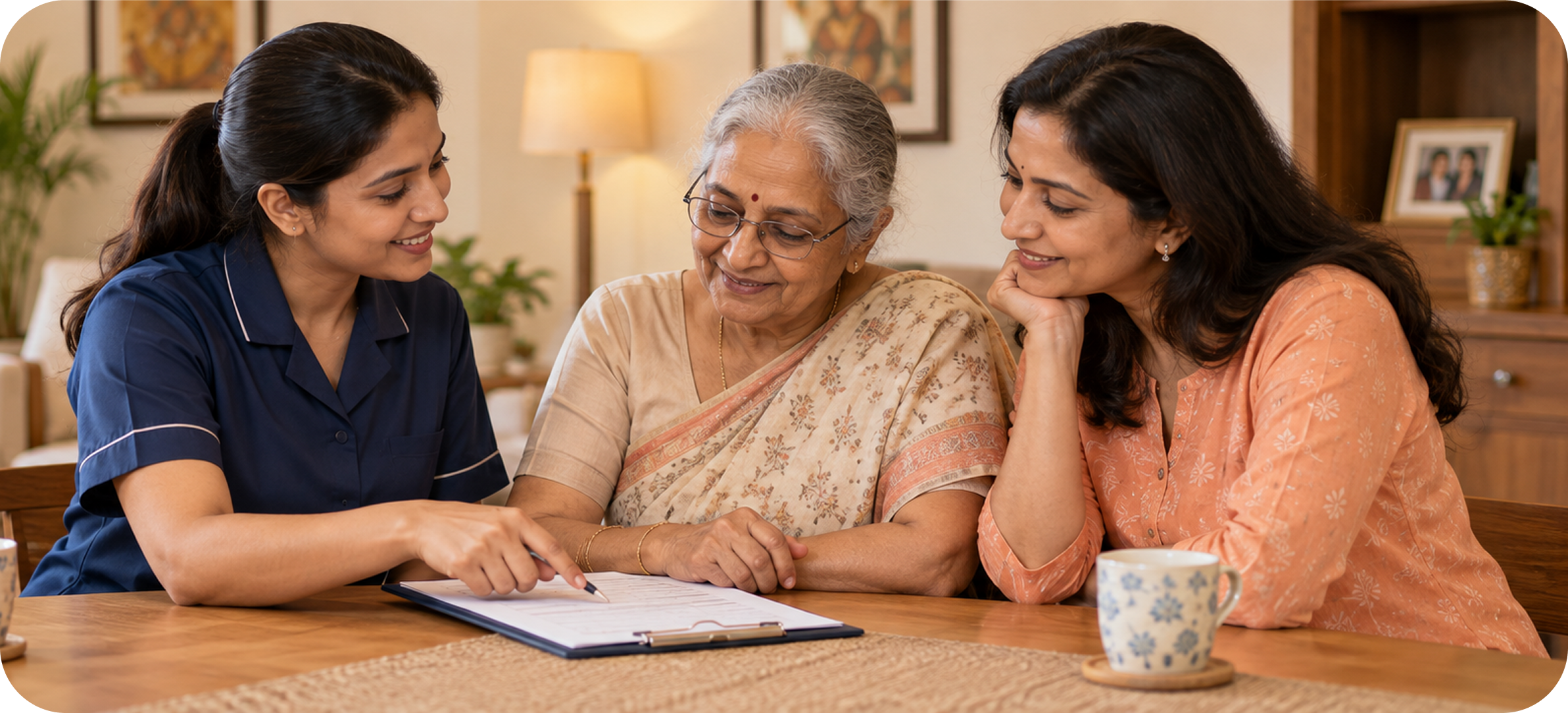 A caregiver reviewing a care plan with a senior woman and her daughter