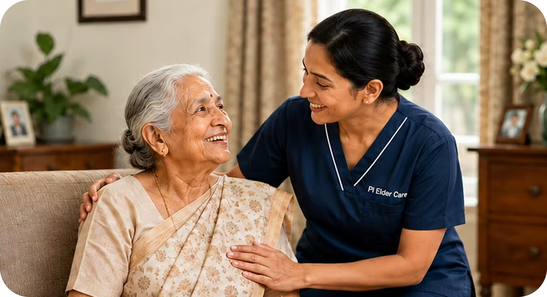 A nurse from Pi Elder Care smiling with a senior woman at home