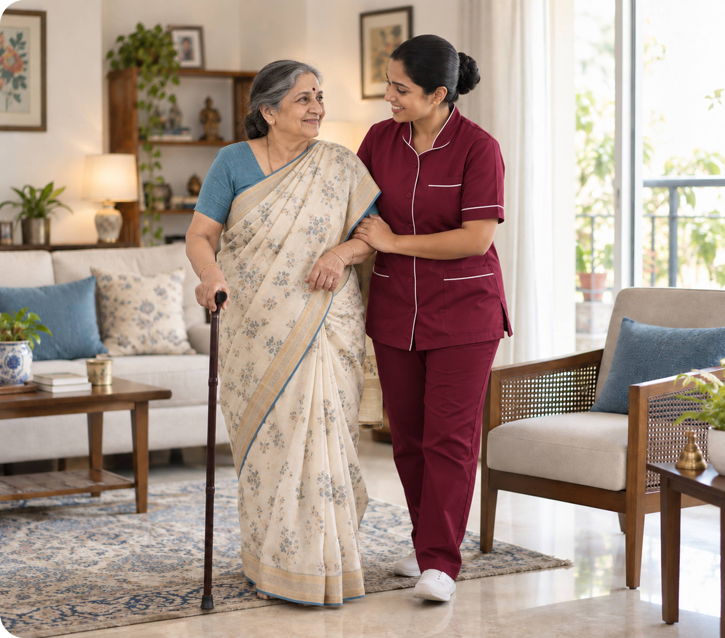 A caregiver helping a senior woman walk with a cane at home